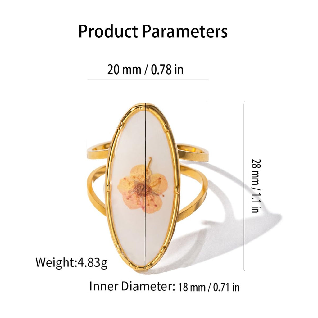 Handmade Dried Flower Statement Ring for Women Gold-Toned Stainless Steel Adjustable Pressed Blossom Forget-Me-Not Flowers Open Band Rings Wedding Holiday Jewelry