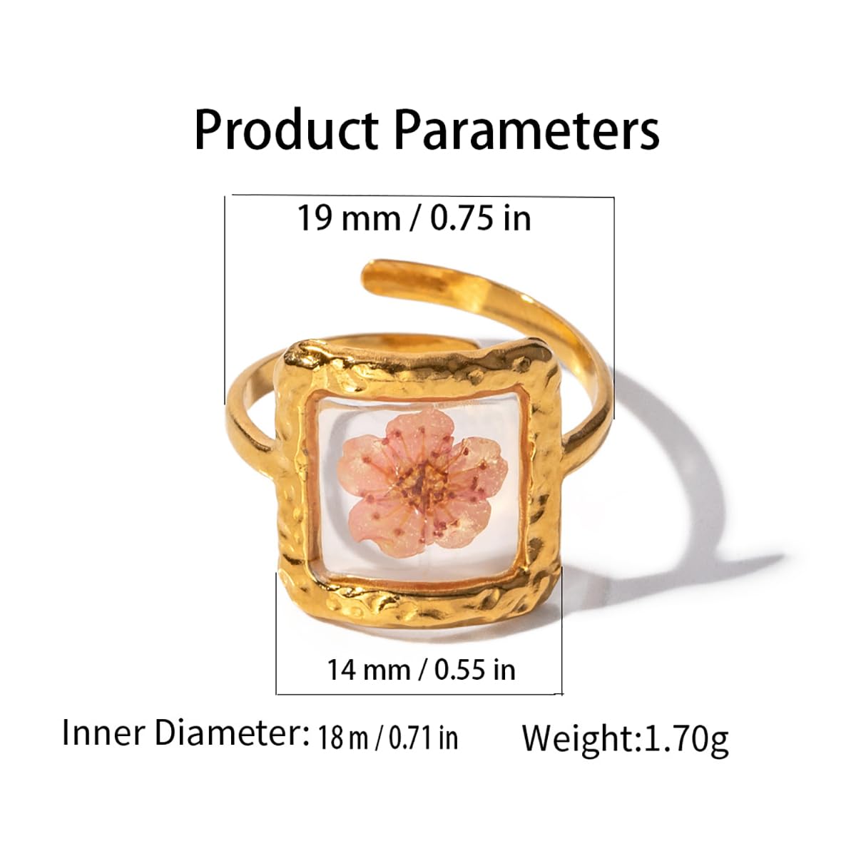 Handmade Dried Flower Statement Ring for Women Gold-Toned Stainless Steel Adjustable Pressed Blossom Forget-Me-Not Flowers Open Band Rings Wedding Holiday Jewelry