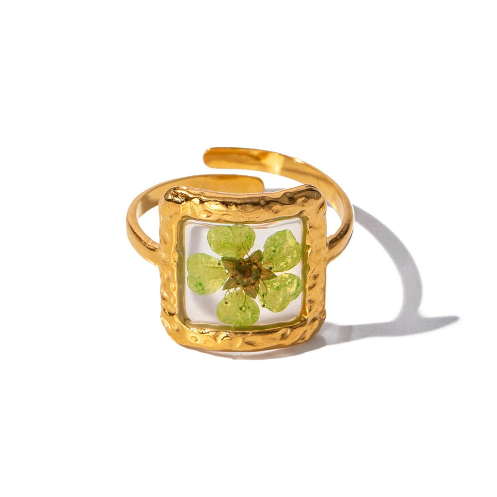 Handmade Dried Flower Statement Ring for Women Gold-Toned Stainless Steel Adjustable Pressed Blossom Forget-Me-Not Flowers Open Band Rings Wedding Holiday Jewelry