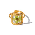Handmade Dried Flower Statement Ring for Women Gold-Toned Stainless Steel Adjustable Pressed Blossom Forget-Me-Not Flowers Open Band Rings Wedding Holiday Jewelry