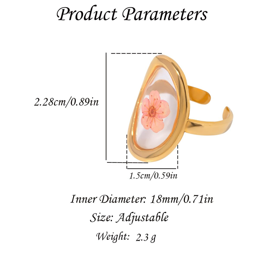 Handmade Dried Flower Statement Ring for Women Gold-Toned Stainless Steel Adjustable Pressed Blossom Forget-Me-Not Flowers Open Band Rings Wedding Holiday Jewelry