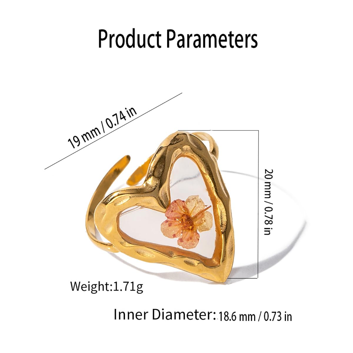 Handmade Dried Flower Statement Ring for Women Gold-Toned Stainless Steel Adjustable Pressed Blossom Forget-Me-Not Flowers Open Band Rings Wedding Holiday Jewelry