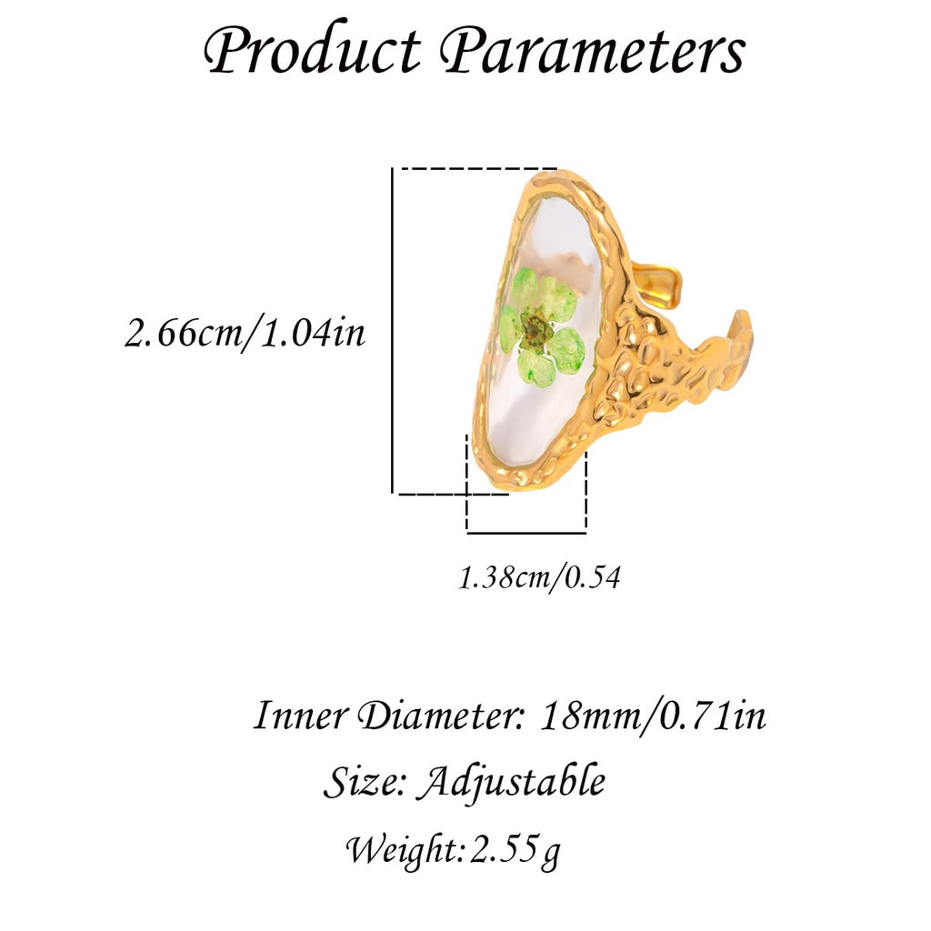 Handmade Dried Flower Statement Ring for Women Gold-Toned Stainless Steel Adjustable Pressed Blossom Forget-Me-Not Flowers Open Band Rings Wedding Holiday Jewelry
