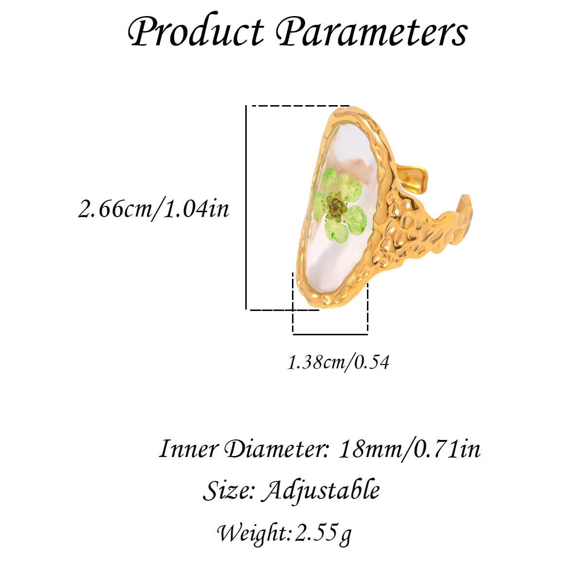 Handmade Dried Flower Statement Ring for Women Gold-Toned Stainless Steel Adjustable Pressed Blossom Forget-Me-Not Flowers Open Band Rings Wedding Holiday Jewelry