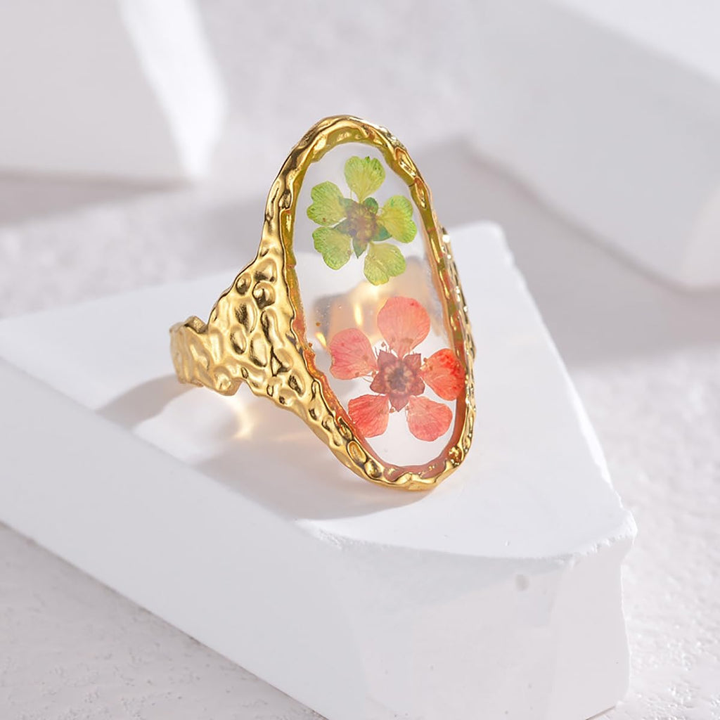 Handmade Dried Flower Statement Ring for Women Gold-Toned Stainless Steel Adjustable Pressed Blossom Forget-Me-Not Flowers Open Band Rings Wedding Holiday Jewelry