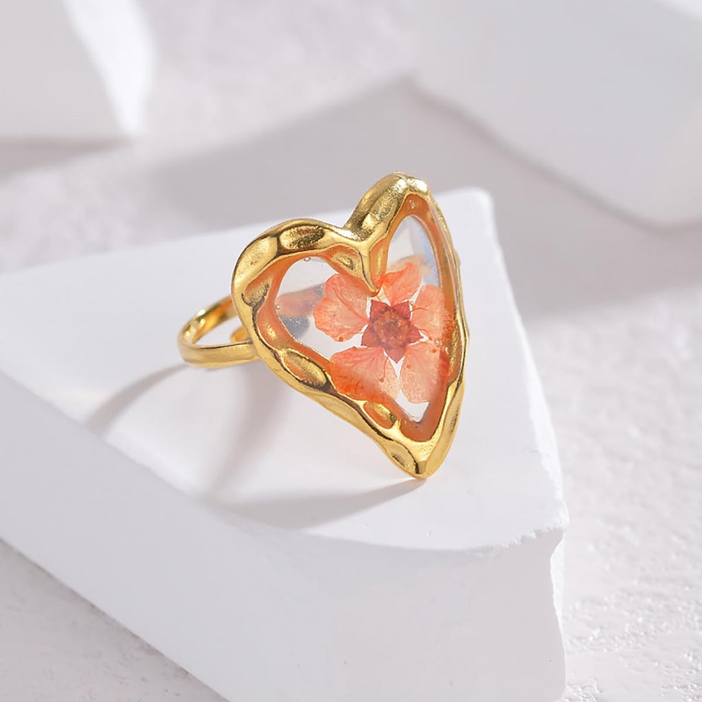 Handmade Dried Flower Statement Ring for Women Gold-Toned Stainless Steel Adjustable Pressed Blossom Forget-Me-Not Flowers Open Band Rings Wedding Holiday Jewelry