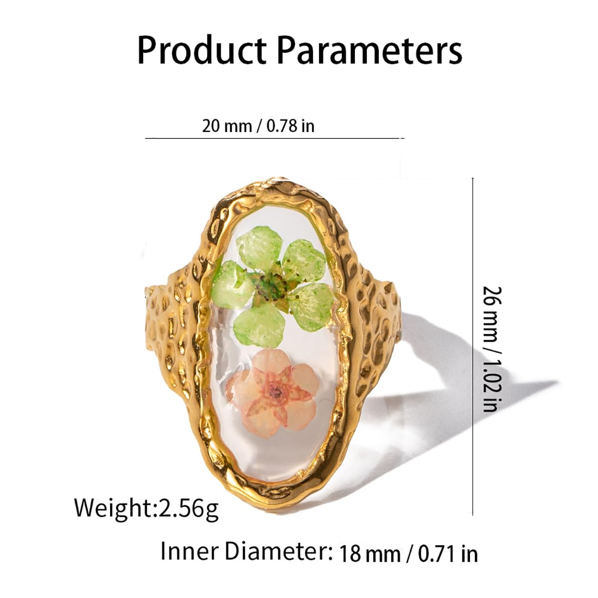 Handmade Dried Flower Statement Ring for Women Gold-Toned Stainless Steel Adjustable Pressed Blossom Forget-Me-Not Flowers Open Band Rings Wedding Holiday Jewelry