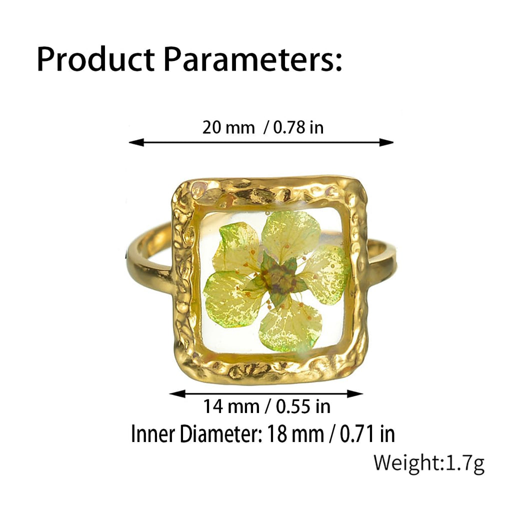 Handmade Dried Flower Statement Ring for Women Gold-Toned Stainless Steel Adjustable Pressed Blossom Forget-Me-Not Flowers Open Band Rings Wedding Holiday Jewelry