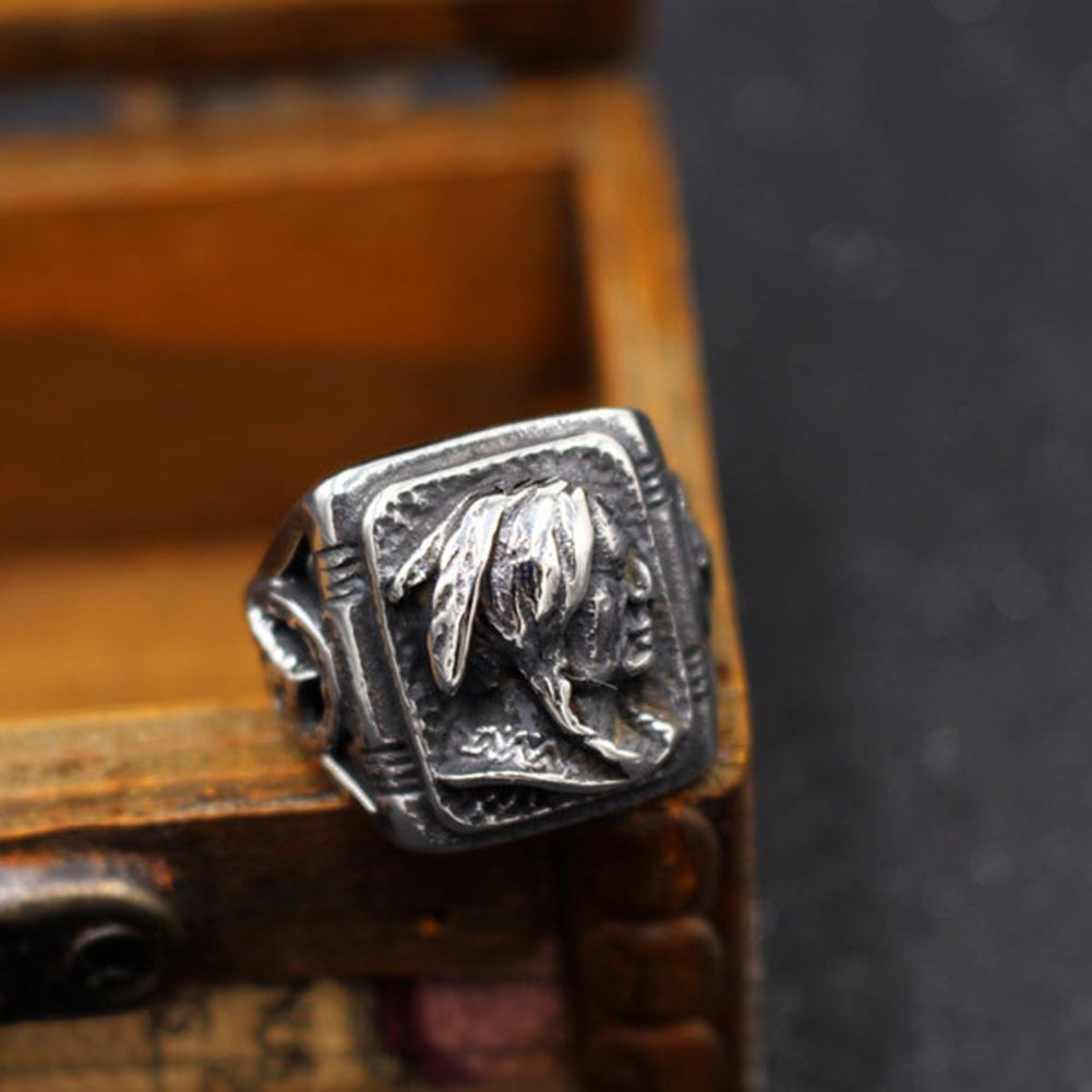 JAJAFOOK Mens Vintage Classic Stainless Steel Ring Biker Native American Indian Women Head Rings Silver-Tone Black Band