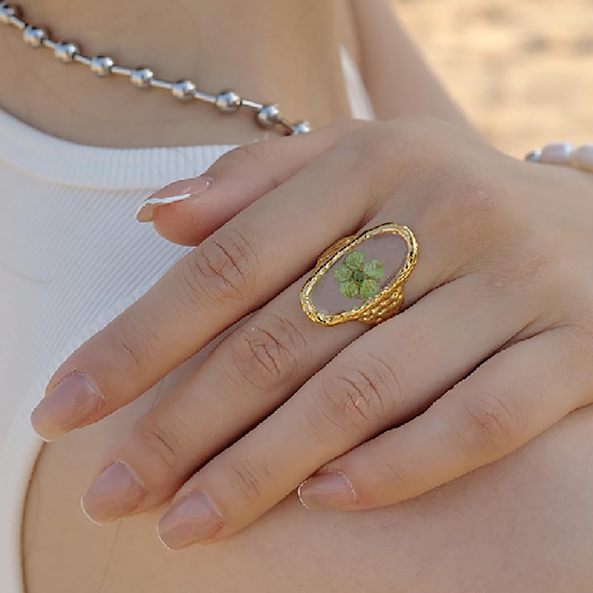 Handmade Dried Flower Statement Ring for Women Gold-Toned Stainless Steel Adjustable Pressed Blossom Forget-Me-Not Flowers Open Band Rings Wedding Holiday Jewelry