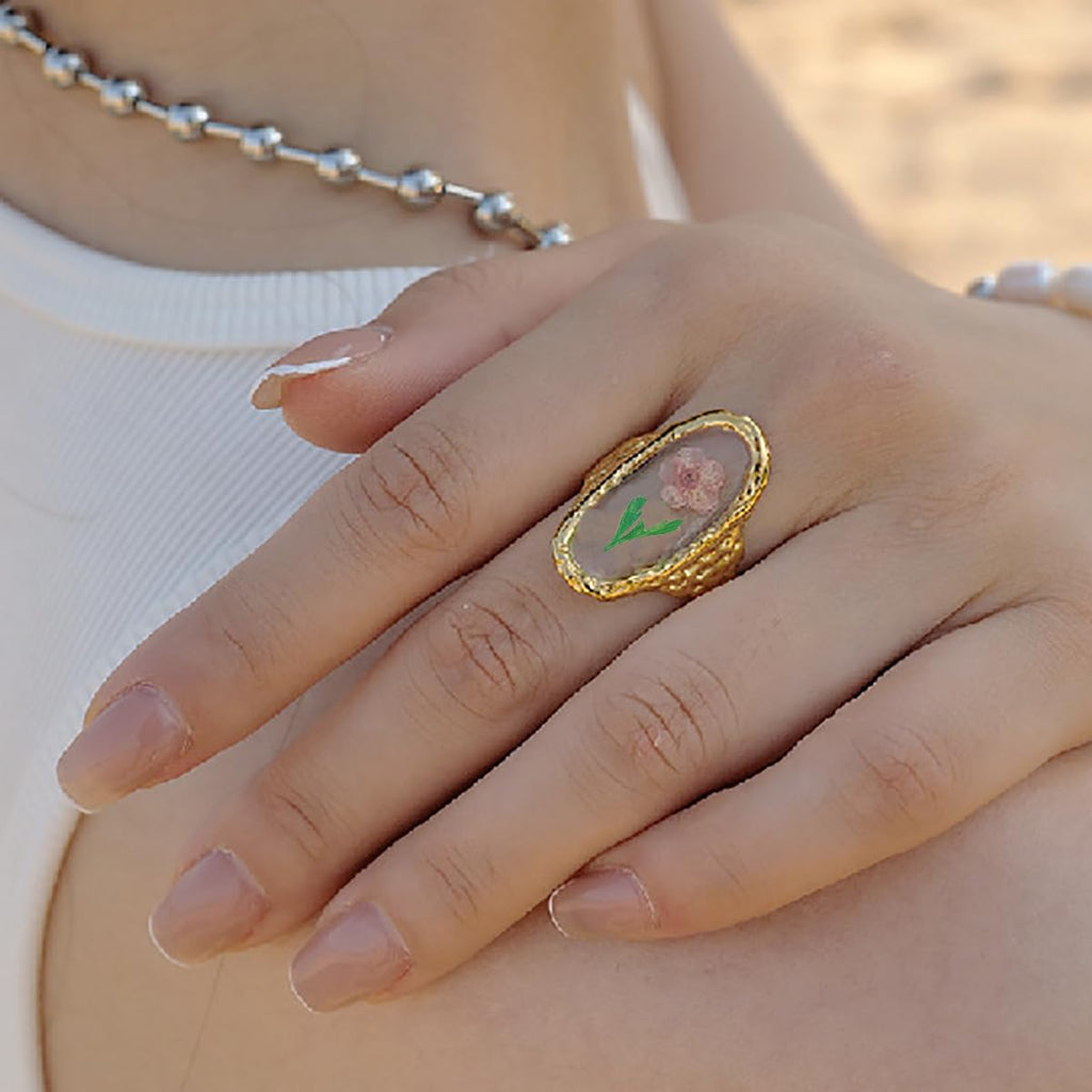 Handmade Dried Flower Statement Ring for Women Gold-Toned Stainless Steel Adjustable Pressed Blossom Forget-Me-Not Flowers Open Band Rings Wedding Holiday Jewelry