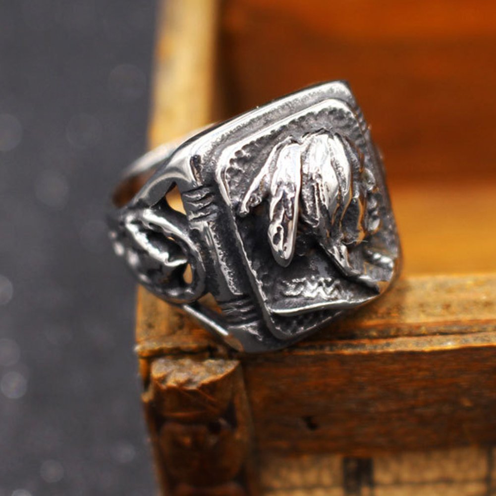 JAJAFOOK Mens Vintage Classic Stainless Steel Ring Biker Native American Indian Women Head Rings Silver-Tone Black Band
