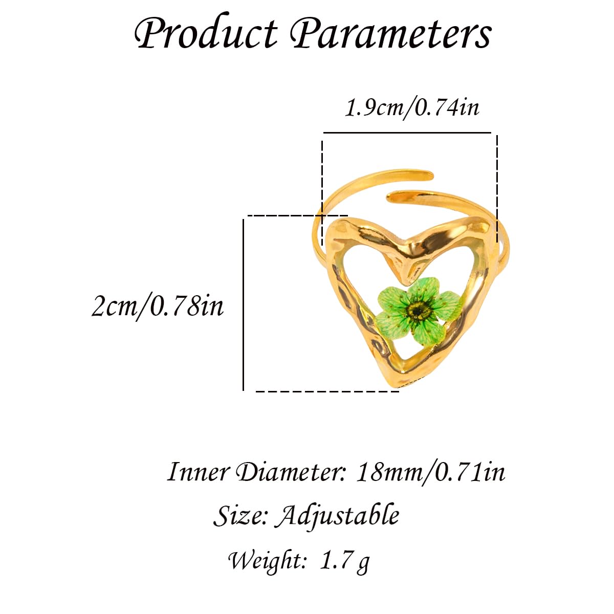 Handmade Dried Flower Statement Ring for Women Gold-Toned Stainless Steel Adjustable Pressed Blossom Forget-Me-Not Flowers Open Band Rings Wedding Holiday Jewelry
