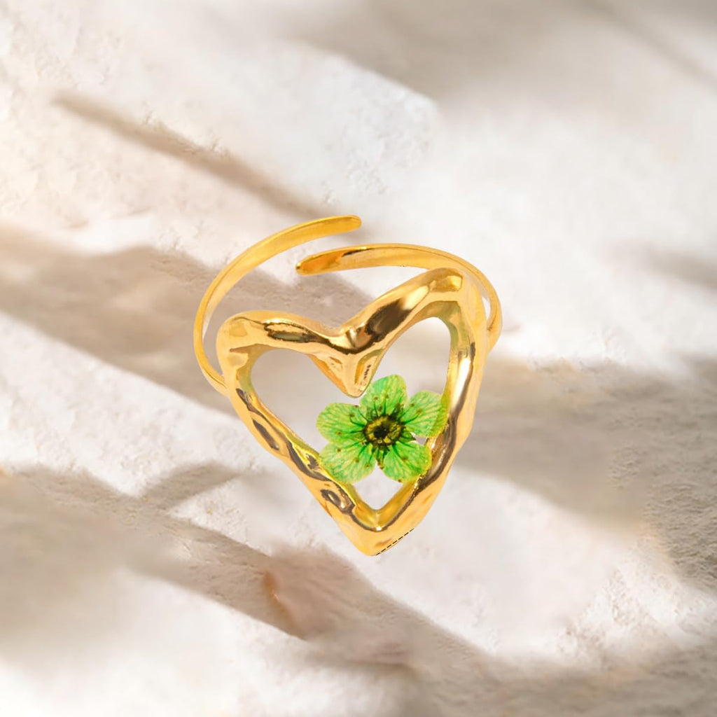 Handmade Dried Flower Statement Ring for Women Gold-Toned Stainless Steel Adjustable Pressed Blossom Forget-Me-Not Flowers Open Band Rings Wedding Holiday Jewelry