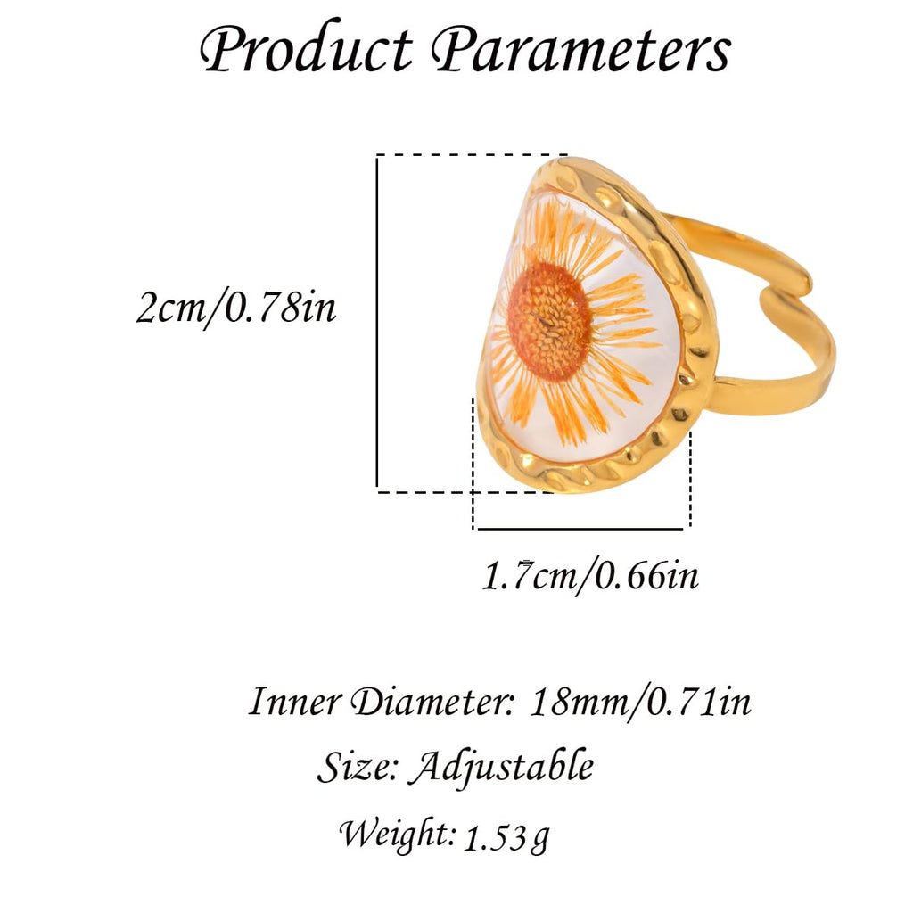 Handmade Dried Flower Statement Ring for Women Gold-Toned Stainless Steel Adjustable Pressed Blossom Forget-Me-Not Flowers Open Band Rings Wedding Holiday Jewelry