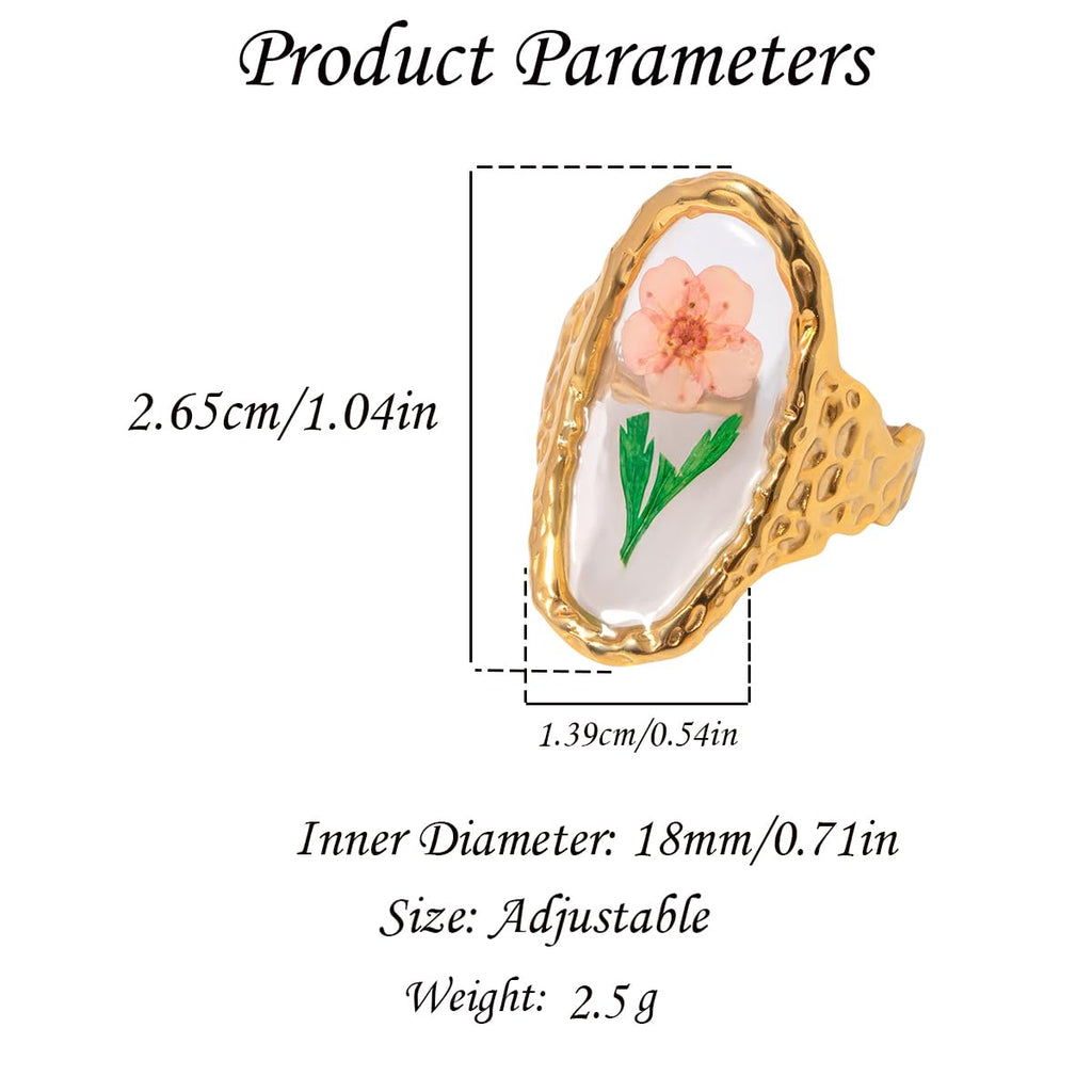 Handmade Dried Flower Statement Ring for Women Gold-Toned Stainless Steel Adjustable Pressed Blossom Forget-Me-Not Flowers Open Band Rings Wedding Holiday Jewelry