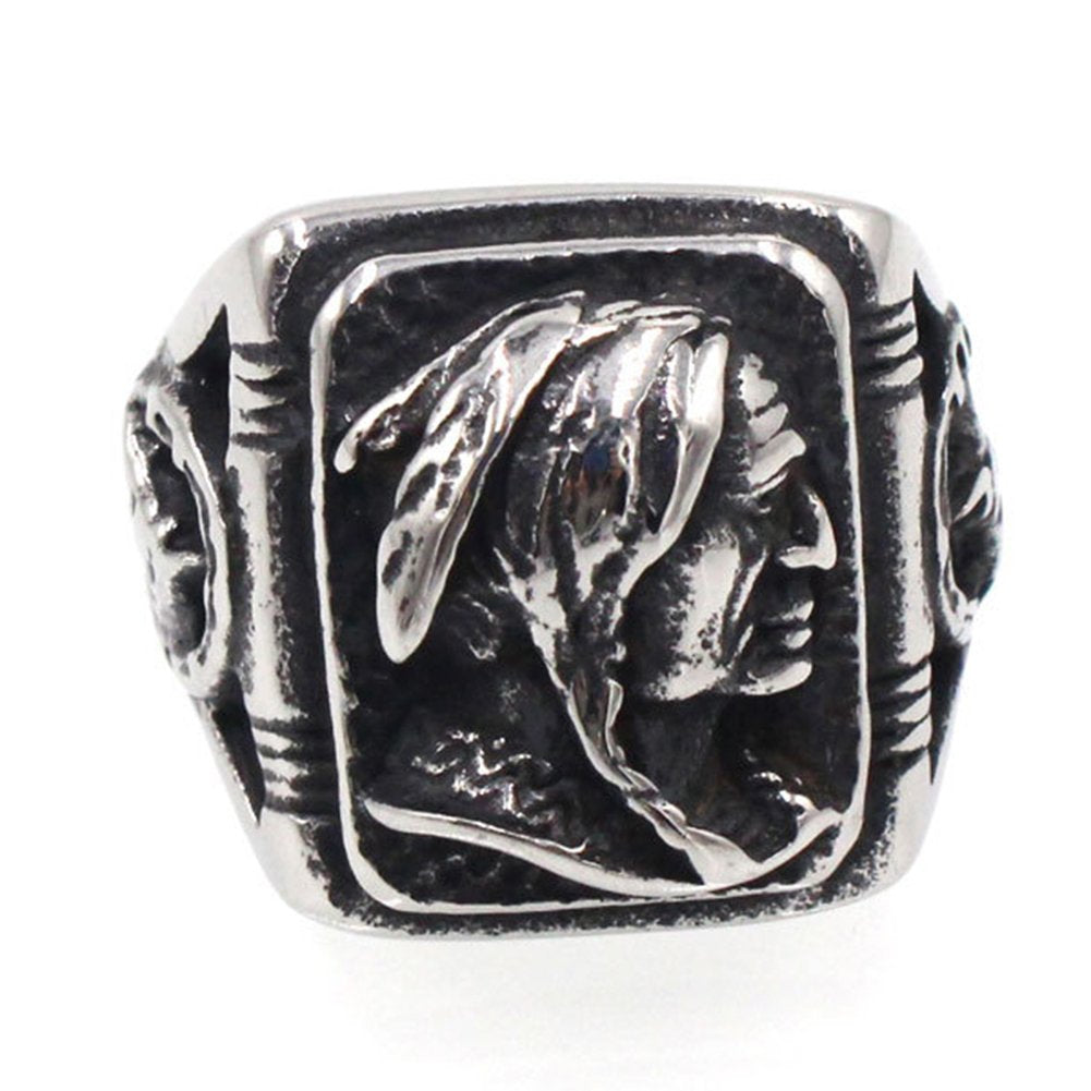 JAJAFOOK Mens Vintage Classic Stainless Steel Ring Biker Native American Indian Women Head Rings Silver-Tone Black Band