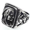 JAJAFOOK Mens Vintage Classic Stainless Steel Ring Biker Native American Indian Women Head Rings Silver-Tone Black Band