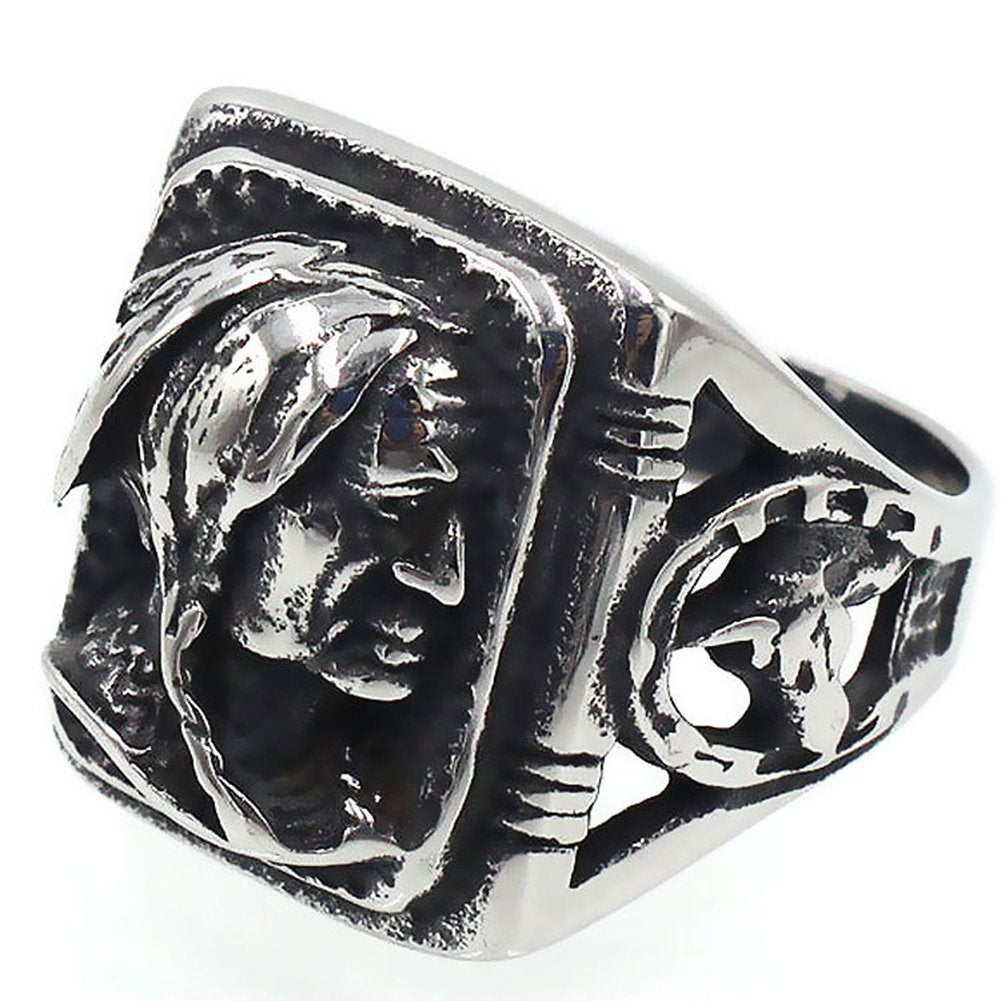 JAJAFOOK Mens Vintage Classic Stainless Steel Ring Biker Native American Indian Women Head Rings Silver-Tone Black Band